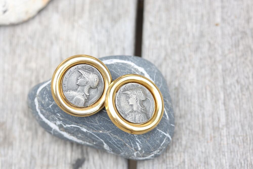 Vintage Ben-Amun Clip Earrings Gold Tone Roman Coin Medallion Warrior Relief 80s